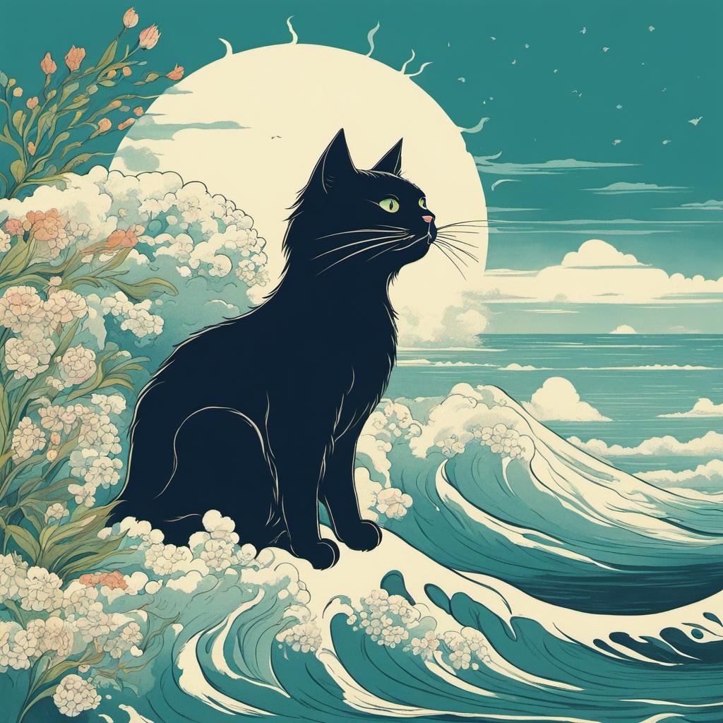 [Style of vintage illustration] Botanical-cat with flowing hair on wave, in the style of Studio Ghibli