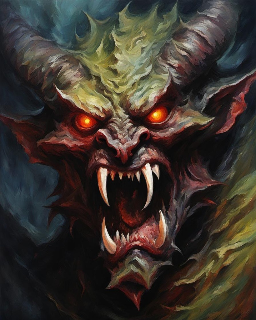 [Oil painting style, impasto, masterpiece] Demon creature from the depths of hell, angry, attacking, dangerous, sinister,