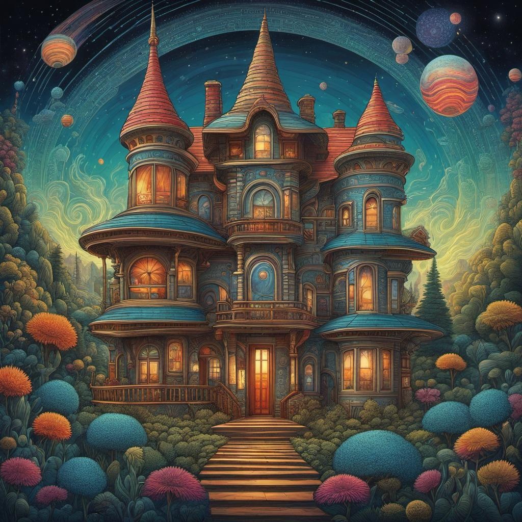 [Style of vintage illustration] "Intricately detailed magical house which defies all laws of physics. In background is a sci-fi landscape :: DMT Art, Visionary Ar