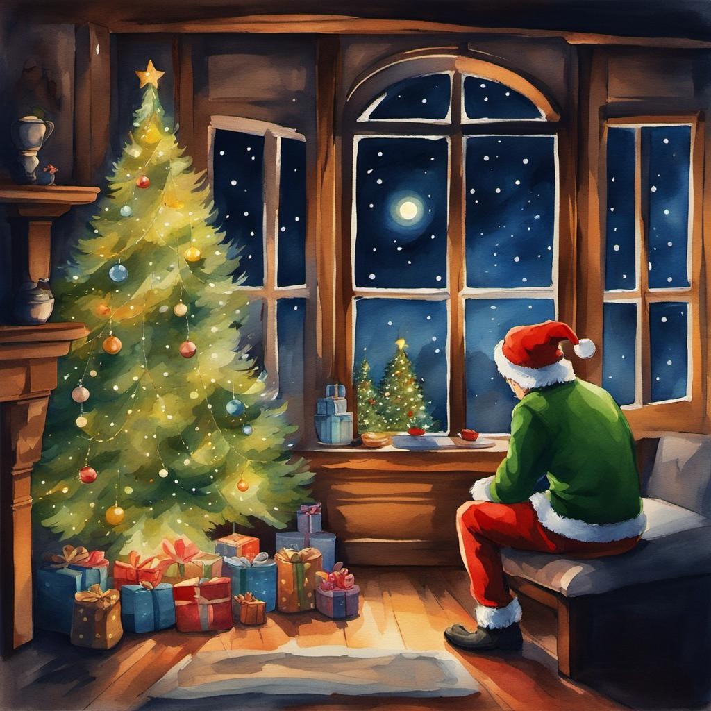 [Watercolor painting style, masterpiece] Christmas elf, looking at a Christmas tree besides a fireplace in a cozy living room, night sky through the window