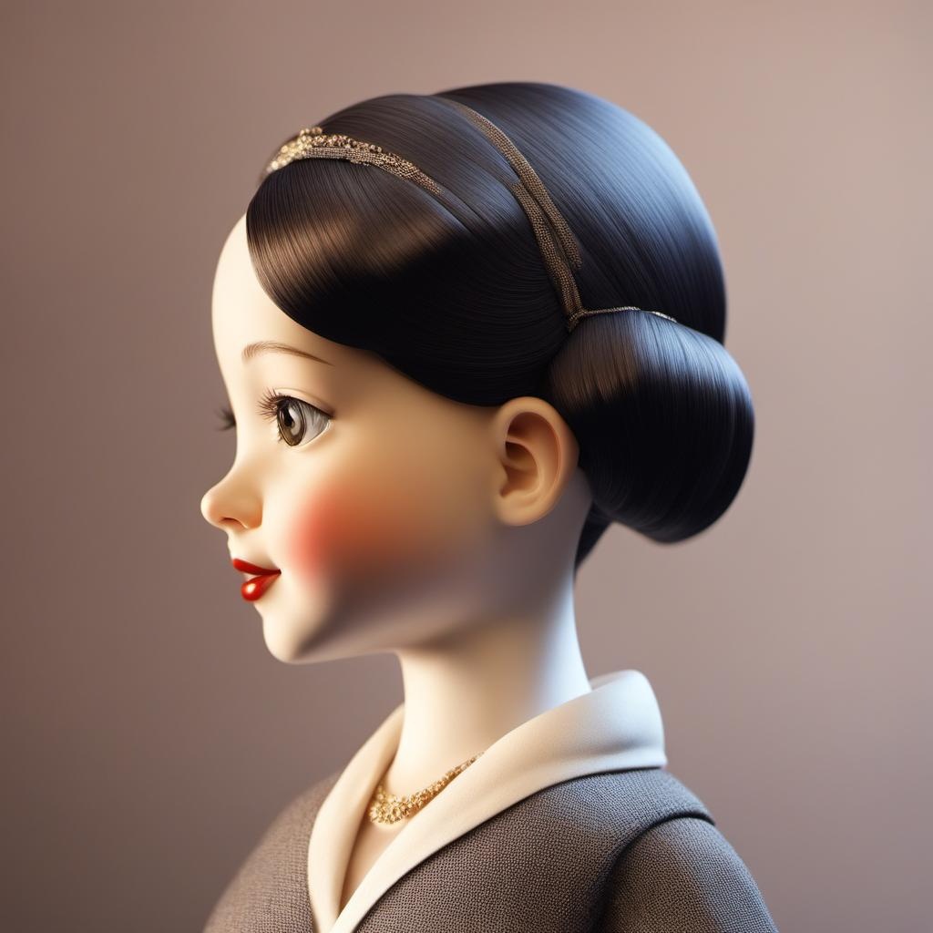 [Style of 3d illustration] 1930s doll, expressive-eyes, nose-up, hair in a bun, ideal, profile