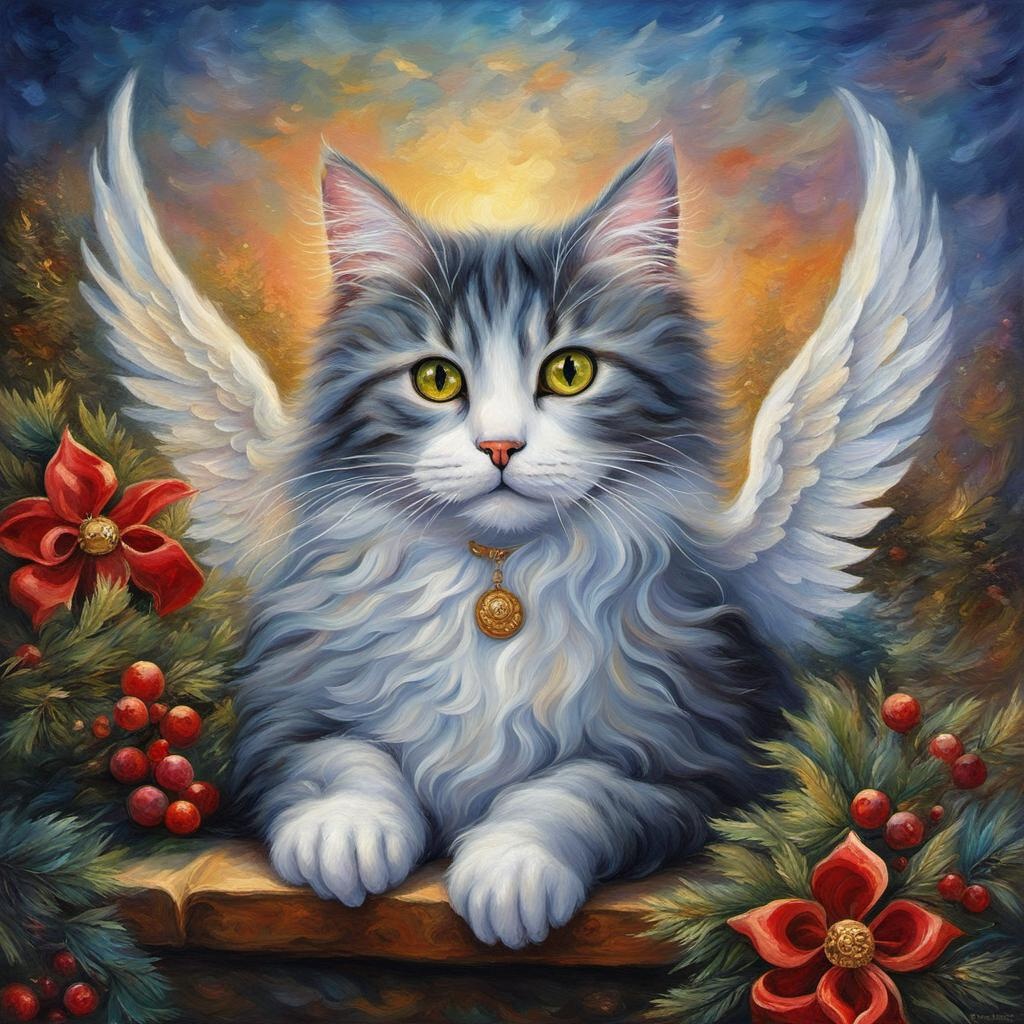 [Oil painting style, impasto, masterpiece] Christmas cat-angel with wings, baroque blurred background, whimsical style, Josephine Wall, Thomas Kinkade