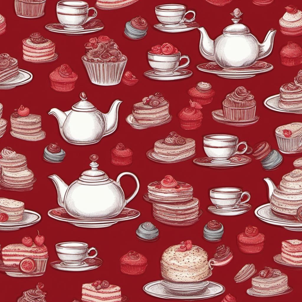 [Style of vintage illustration] Tea time, with small cakes or biscuits, medium red colors and shades; [Style of vintage illustration] seamless tile, Tea time, with small cakes or biscuits, medium red colors and shades