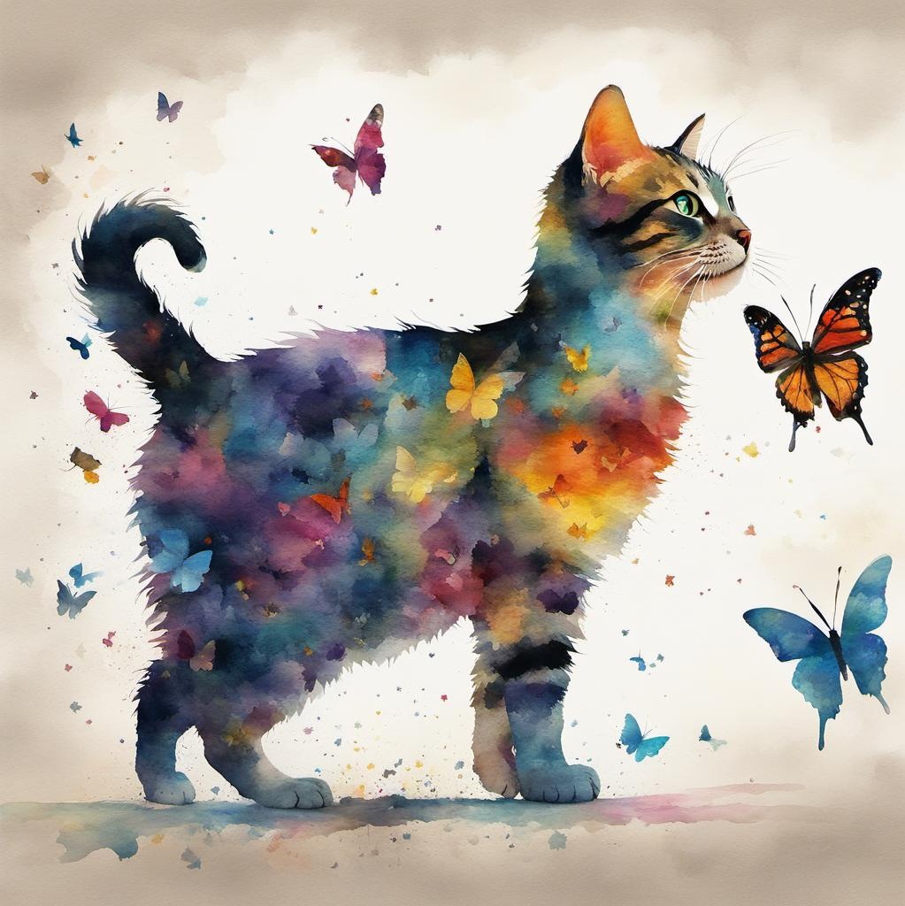 [vibrant liquid plasma] Side silhouette of a woman walking, with large butterfly wings on her back made out of tiny butterflies, in a dress made of multicolored butterflies that is almost transparent but you can see all the better flies flowing off of her dress as she walks forward; [Watercolor painting style, masterpiece] Side silhouette of a cat walking, with large butterfly wings on its back made out of tiny butterflies, in a body made of multicolored butterflies that is almost transparent but you can see all the better flies flowing off as the cat walks forward