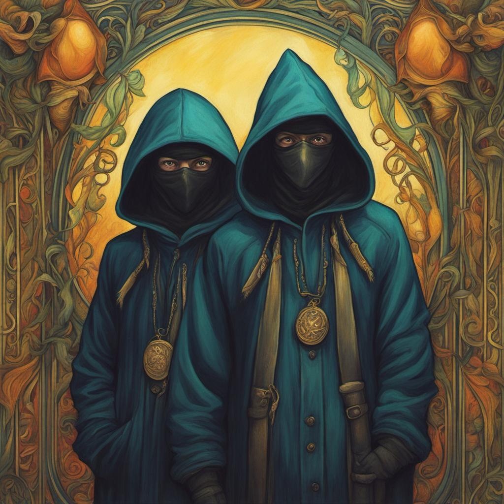 [Painting, Art Nouveau] whimsical robbers in hoods, scary, suspicious, crime, mysterious, crayon oil seamless