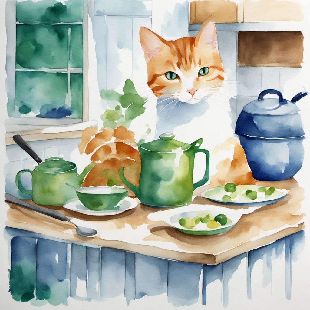 [Watercolor painting style, masterpiece] Cat illustration, minimalist pattern, cats being naughty in the kitchen, white, green, blue palette