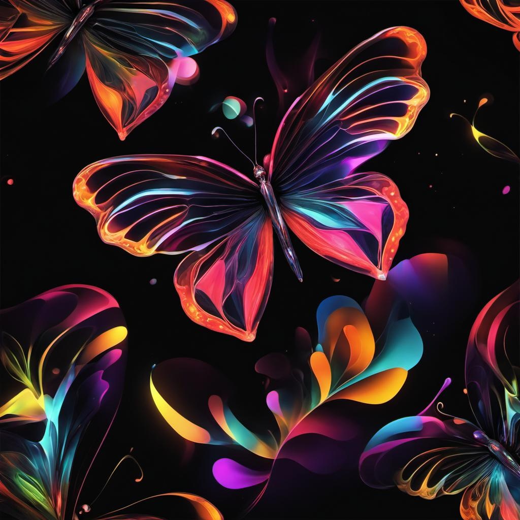 [vibrant liquid plasma] An abstract and geometric design of a butterfly, with vibrant neon glowi in the dark colors on a black background