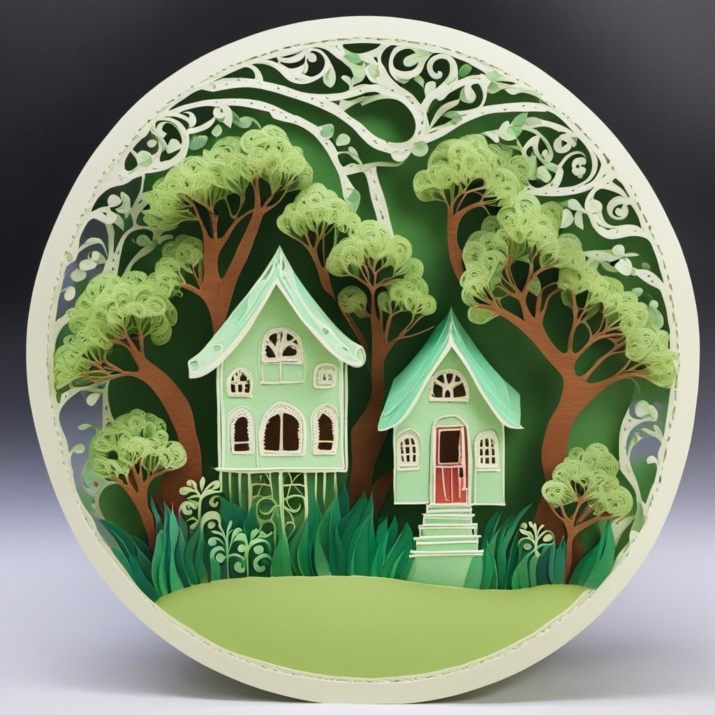 [Style of paper filigree painting] a whimsical bulbous tiny house, lightest green background