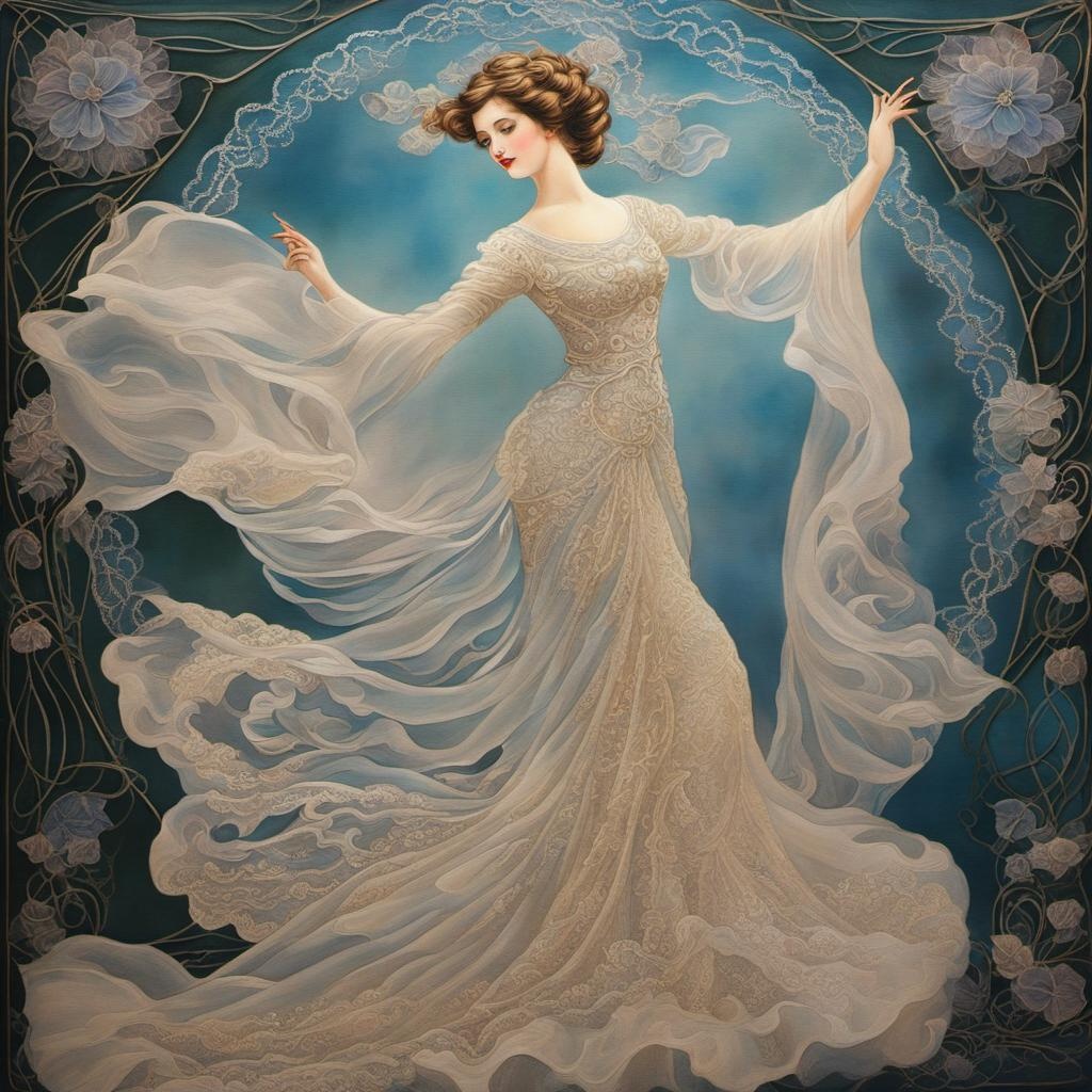 [Painting, Art Nouveau] delicate lace art on silk background, translucent underlit, dancing Lady dressed in a vaporous wrapped large lace mallow semi-transparent dress, misty sparkling cosmic background, lace embroidery art; [Painting, Art Nouveau] delicate lace art on silk background, translucent underlit, dancing Lady dressed in a vaporous wrapped large lace mallow semi-transparent dress, misty sparkling cosmic background, lace embroidery art