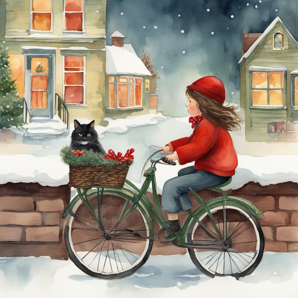 [Style of vintage illustration] a vintage watercolor side-view painting of a little 7-year old girl riding a bicycle with a front basket in beautiful snowy town. The girl is riding a bicycle and wearing christmas clothes. A big long-haired fat black maine coon cat is sitting in the basket. The cat has green eyes and is wearing a red bowtie around its neck