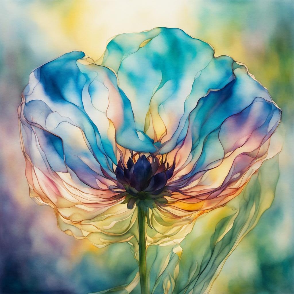 [Watercolor painting style, masterpiece] briar wisp (flower) autography on luminous sunlit translucent silk, windblown ripple, opalescent color by Janna Elizabeth