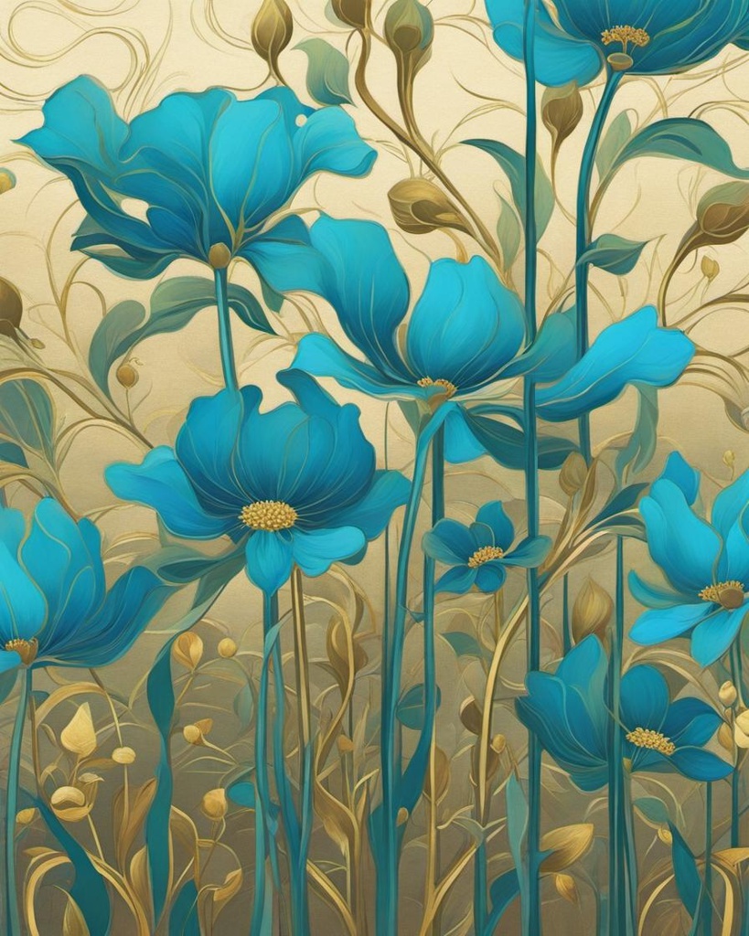 [vibrant liquid plasma] minimalistic cyan, blue and golden flowers with green stems; [Painting, Art Nouveau] minimalistic cyan, blue and golden flowers with green stems