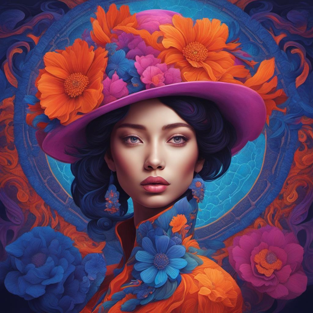 [vibrant liquid plasma] Surreal digital artwork featuring a woman with a serene expression. She has fair skin and her facial features are accentuated with vibrant, swirling patterns of blue, orange, and purple hues. She wears an elaborate, bright orange hat adorned with blue and orange flowers. Her attire is equally intricate, with a mix of floral patterns in blue, orange, and pink. The background is dark, which makes the vivid colors of her face and clothing stand out even more. The overall composition blends elements of nature and abstract art, creating a visually striking and imaginative scene.