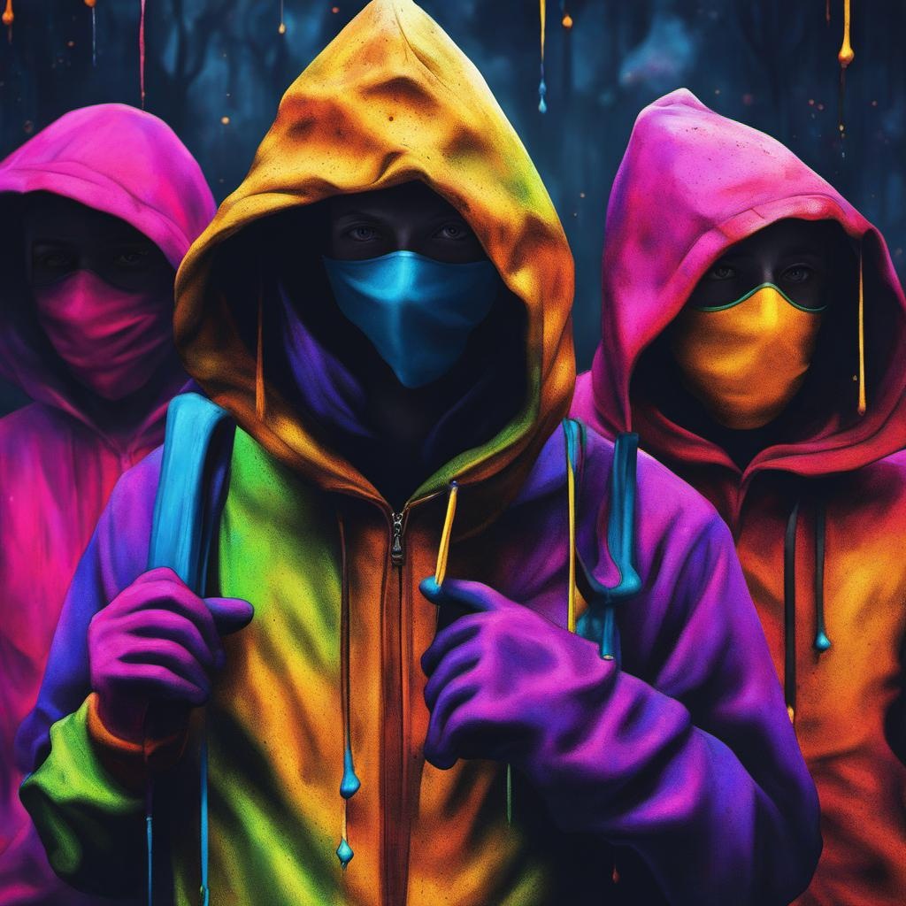 [vibrant liquid plasma] whimsical robbers in hoods, scary, suspicious, crime, mysterious, eerie, crayon oil seamless