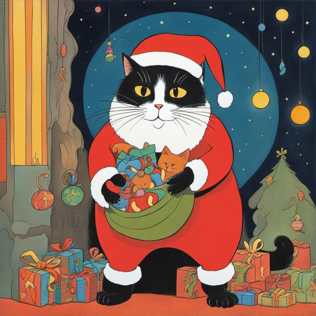 [Style of vintage illustration] gouache, cat as santa claus with a sack of toys in a whimsical setting, Tomi Ungerer, playful lighting, imaginative mood, miniature, fairy tale, matte texture, colorful