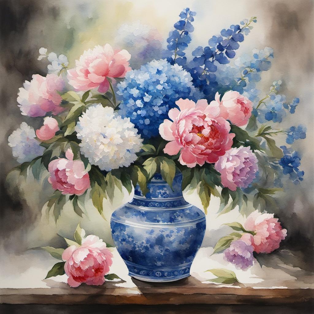 [Watercolor painting style, masterpiece] Portrait of Vase filled with peonies, hydrangeas, and delphinium