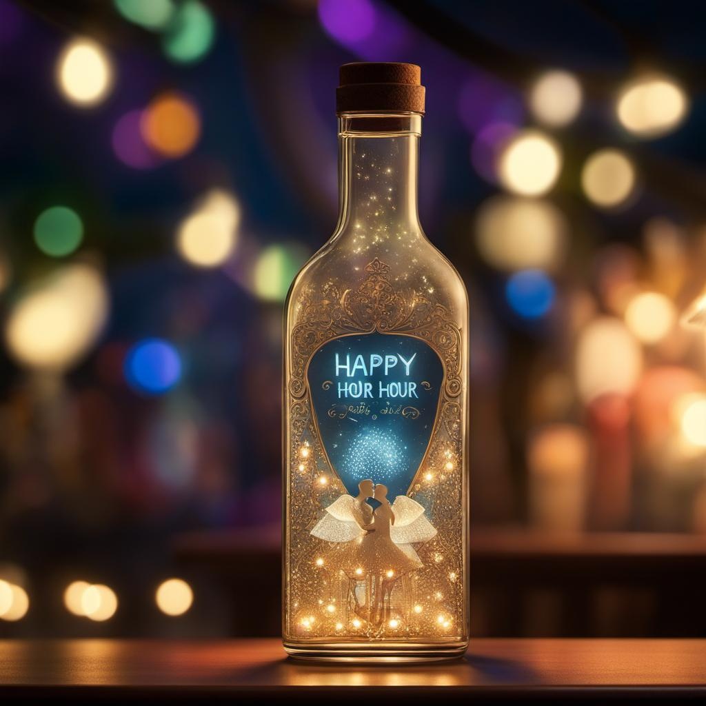 Close-up photograph of a glass bottle realistically containing a 3D micro couple kissing scene with intricate details, set against a softly blurred party lights, glowing text “Happy Hour”