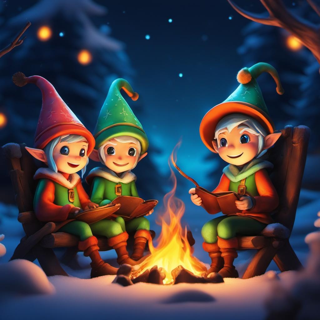 [vibrant liquid plasma] Whimsical, fun elves sitting around a campfire at night, blurred snowy background