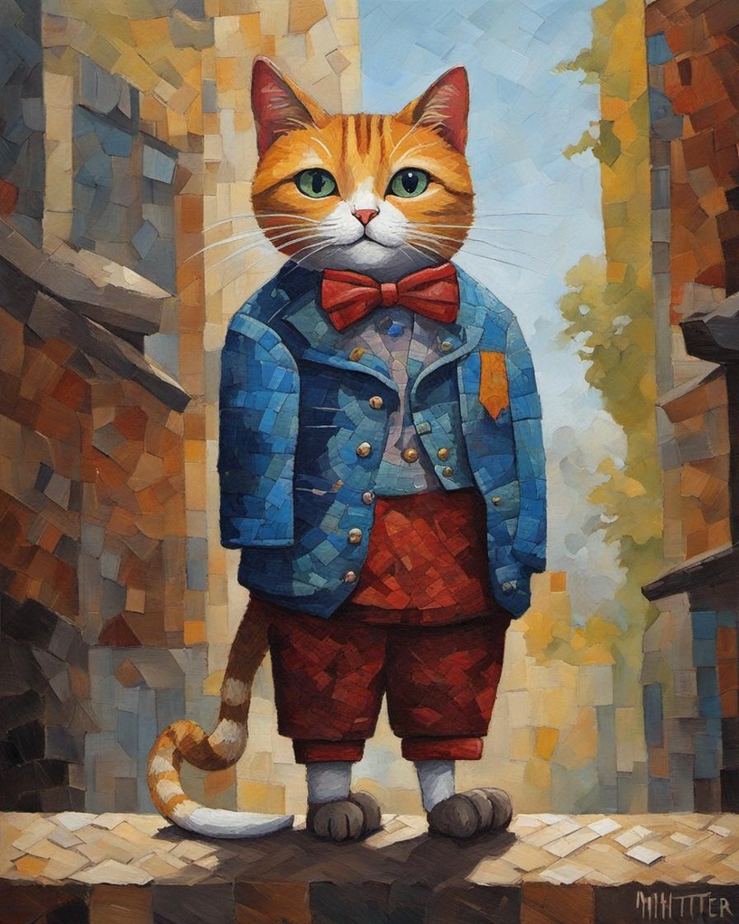 [Oil painting style, impasto, masterpiece] Cat wearing patchwork outfits in Mike Hutter style