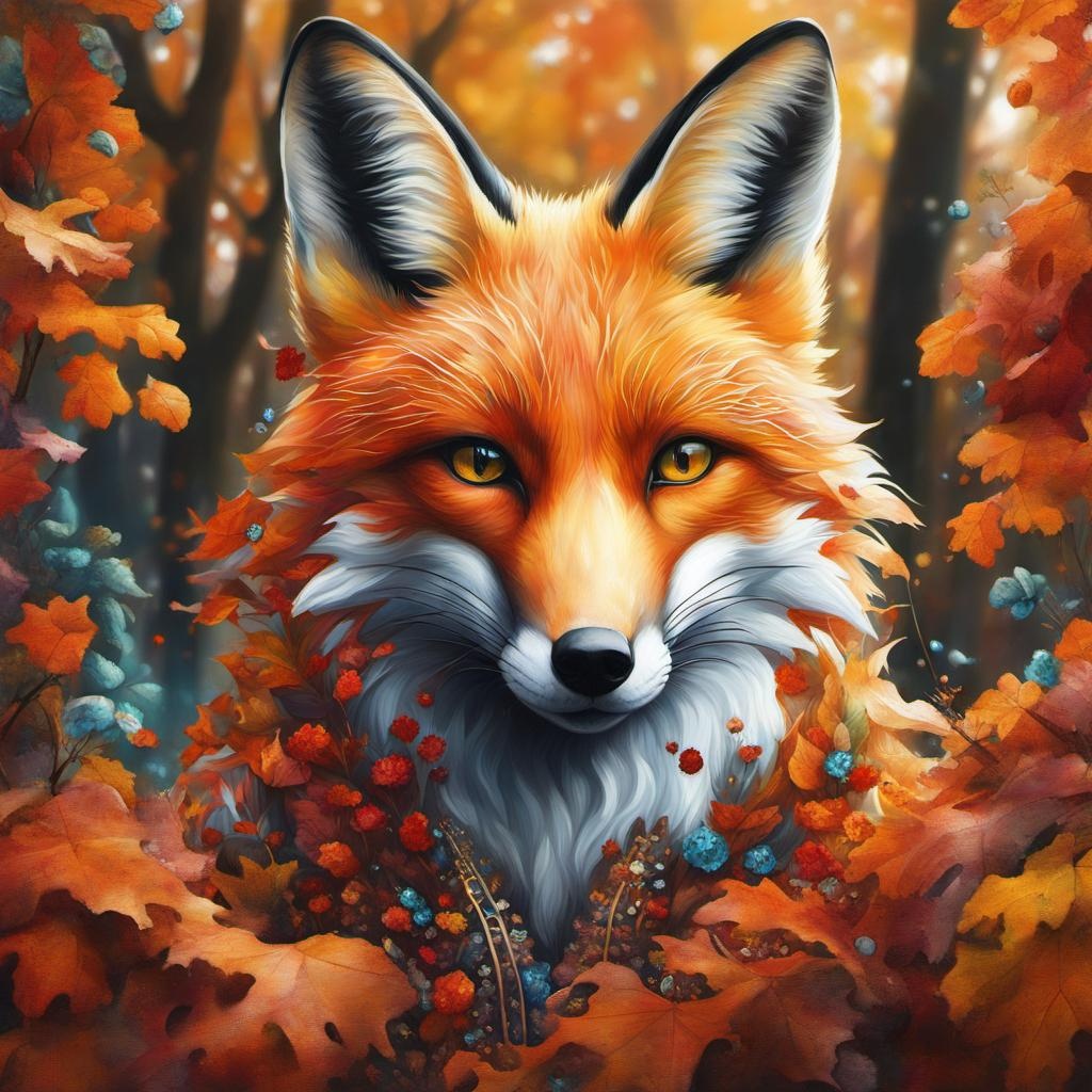 [Painting, classical] Hyperrealistic portrait of a beautiful fox in autumn wearing intricately detailed flowers and futuristic crystals in a forest setting surrounded by leaves, graffiti art, splash art, street art, spray paint, oil gouache melting, acrylic, high contrast, colorful polychromatic, ultra detailed, ultra quality, CGSociety