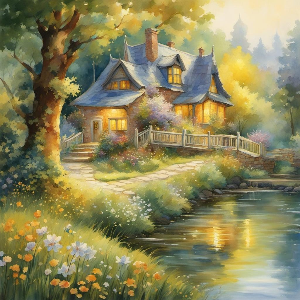 [Watercolor painting style, masterpiece] aesthetic blend of different artistic styles; the intricate detail and rich saturation reminiscent of pre-1912 Romanticism, the dreamlike illumination of landscape painting, and the playful whimsy of children's book illustrations. Remember to imbue the image with a sense of magical wonder as seen in traditional storybook art, with ethereal motifs like shimmering stars, glowing lanterns, and dancing fairies. Use elements of nature such as trees, rivers or a spring meadow. Try to capture the vibrancy of oil painting, the fine details of watercolor, and the luminous quality of pastels.