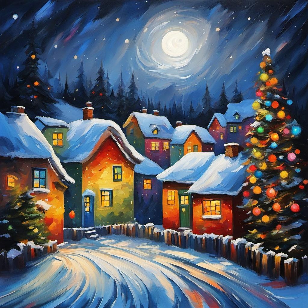 [Oil painting style, impasto, masterpiece] village landscape, cozy houses at Christmastime, night sky, moon, beautiful trees with Christmas lights, white snow, sharp focus,  graffiti art, splash art, street art, spray paint, oil gouache melting, acrylic, high contrast, colorful polychromatic, ultra detailed, ultra quality, CGSociety