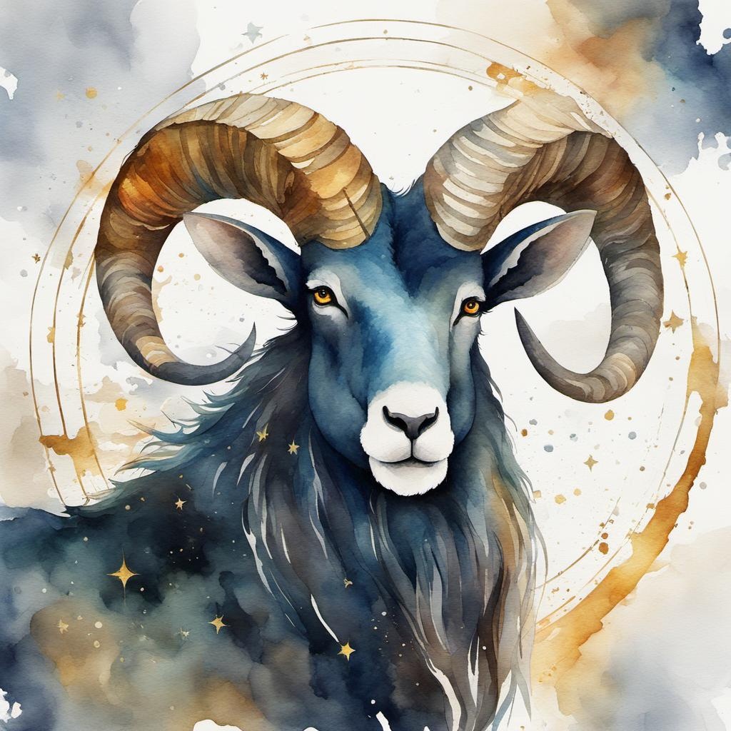 [Watercolor painting style, masterpiece] A majestic and determined Capricorn astrological, zodiac sign of Capricorn