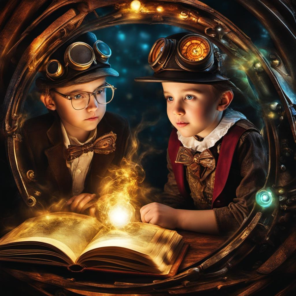 [vibrant liquid plasma] Storybook Steampunk children,