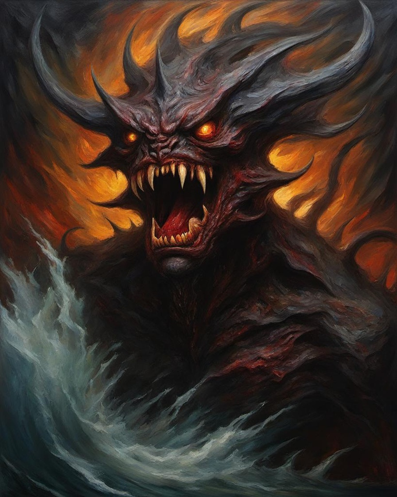 [Oil painting style, impasto, masterpiece] Demon creature from the depths of hell, angry, attacking, dangerous, sinister, ominous, haunting,