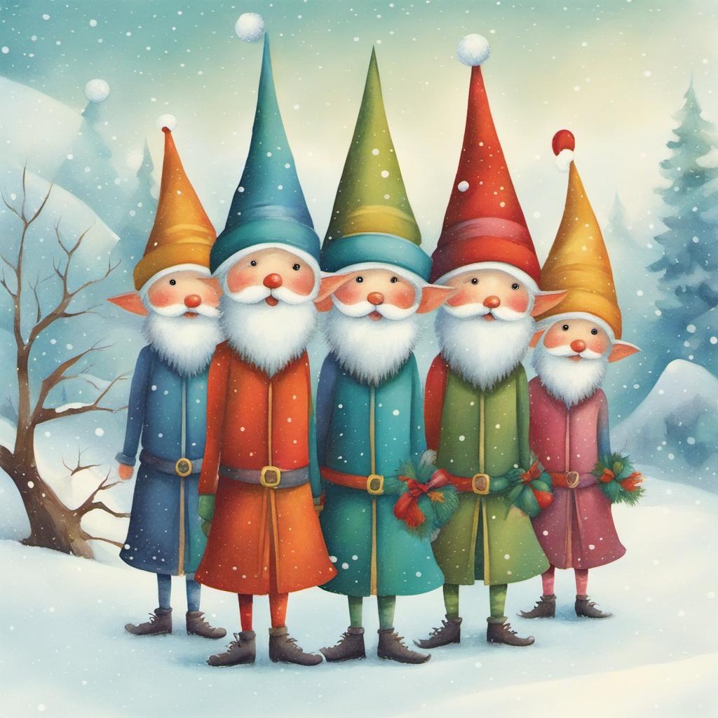 [Style of vintage illustration] colorful conehead elves, winter scene background, Carla Gannis style