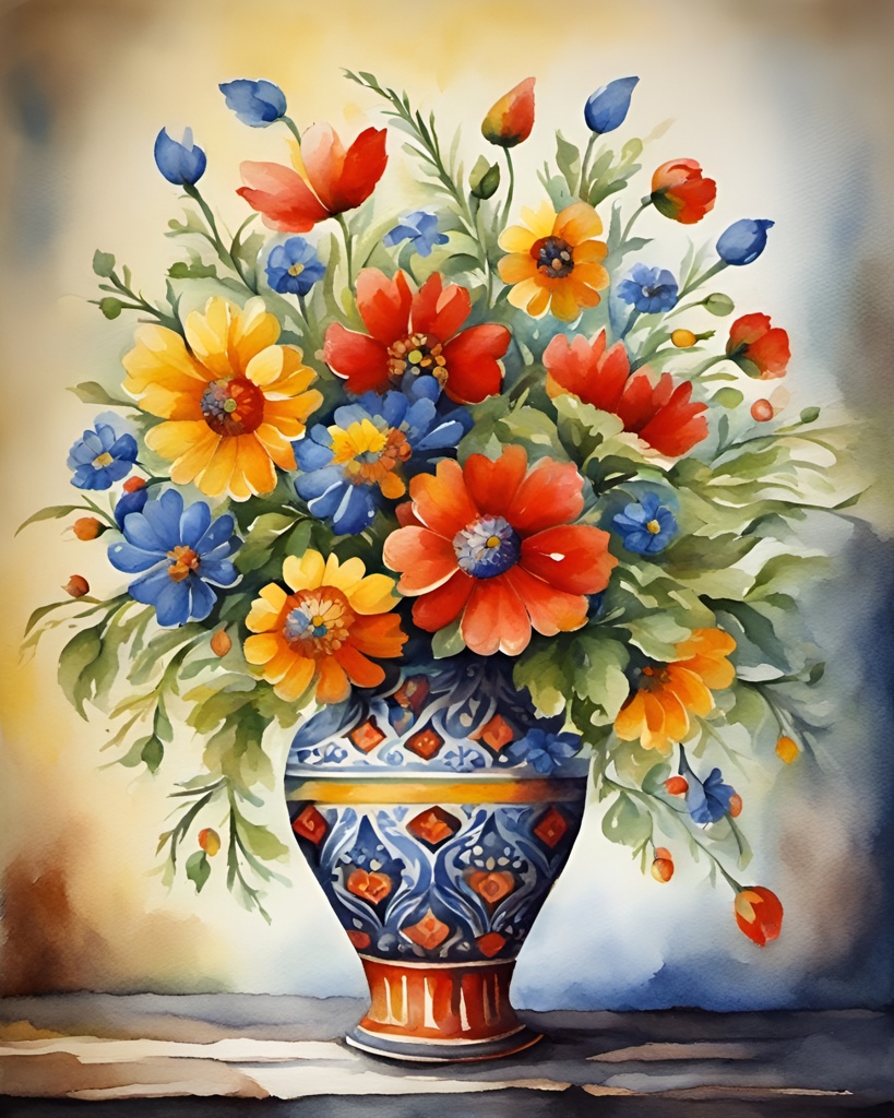 [Watercolor painting style, masterpiece] Petrykivka Art, Traditional Ukrainian Folk Art, Floral Art, on a vase