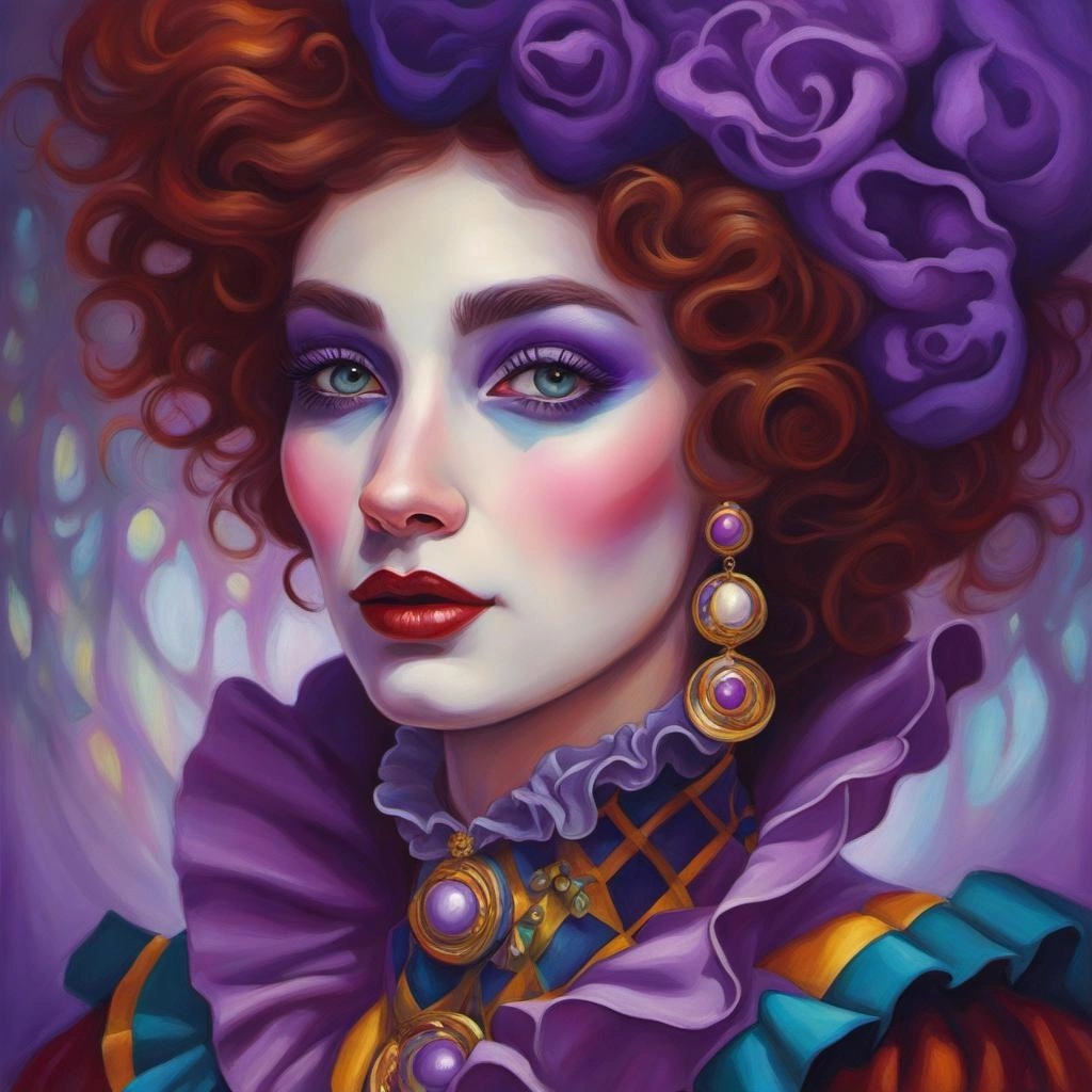 [Painting, Art Nouveau] beautiful woman, detailed bright eyes, ethereal, clown, regal, bright pops of purple, ruffled collar, serene expression, harlequin, magical, fashion, Hyperrealistic, splash art, concept art, mid shot, intricately detailed, color depth, dramatic, 2/3 face angle, side light, colorful background