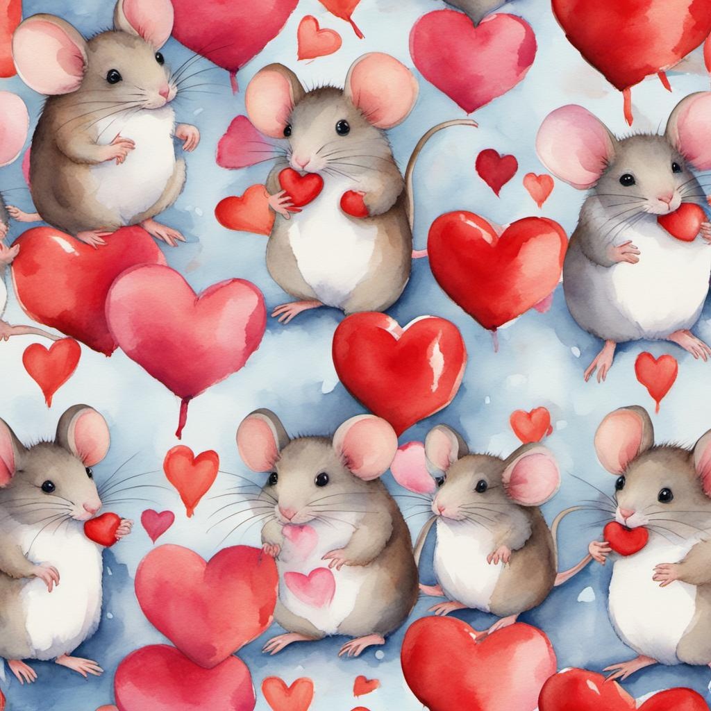 [Watercolor painting style, masterpiece] seamless pattern of mice with Valentine Hearts