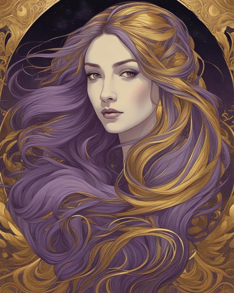 [Style of vector art, clip graphics] portrait of a beautiful young woman with long flowing hair, in the style of Agostino Arrivabene, Mucha, Klimt, Liniers, purple and gold