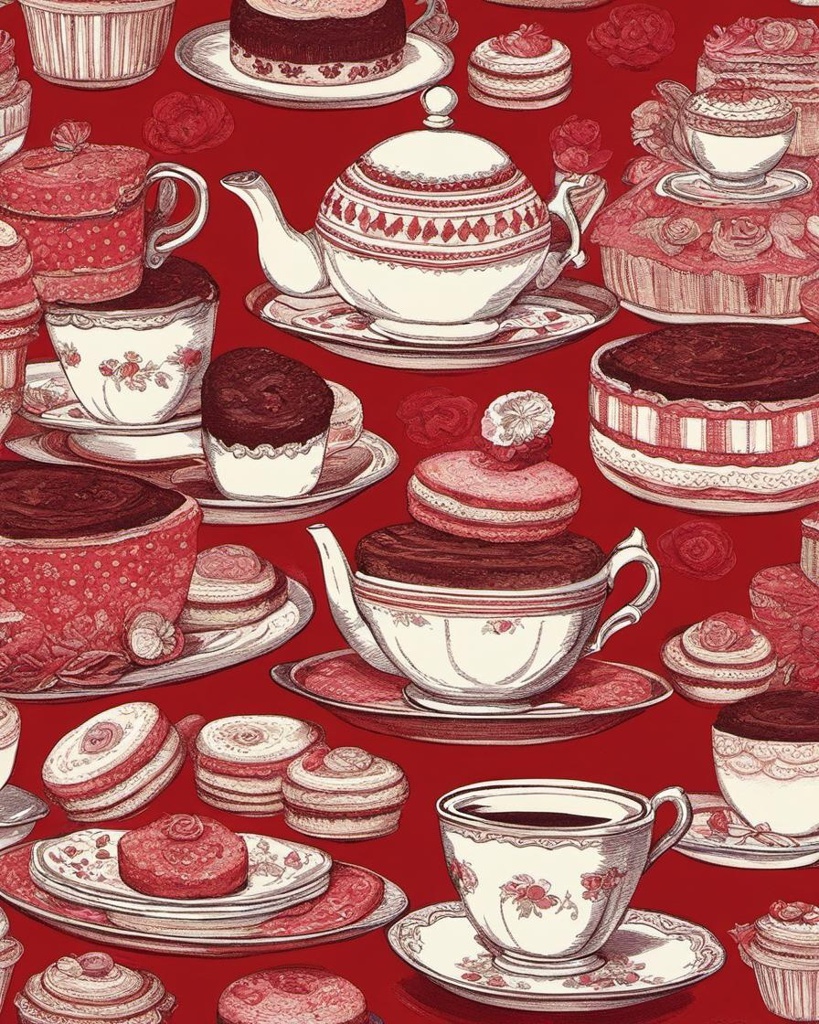 [Style of vintage illustration] Tea time with ALICE, small cakes or biscuits, medium red colors and shades