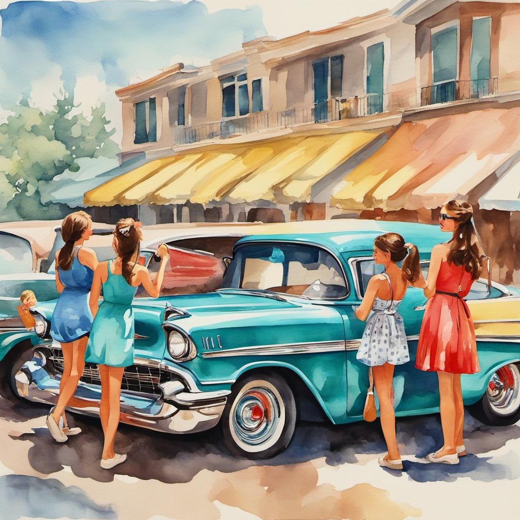 [Watercolor painting style, masterpiece] group of girls standing in front of a 1957 Chevy