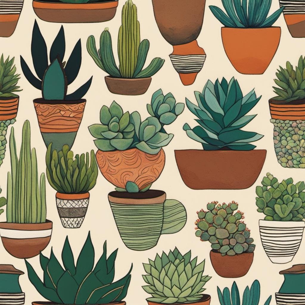 [Painting, Art Nouveau] various succulents in clay pots, earthy palette organic shapes, nature-based patterns, grocery art, minimalist strokes, colorful shapes