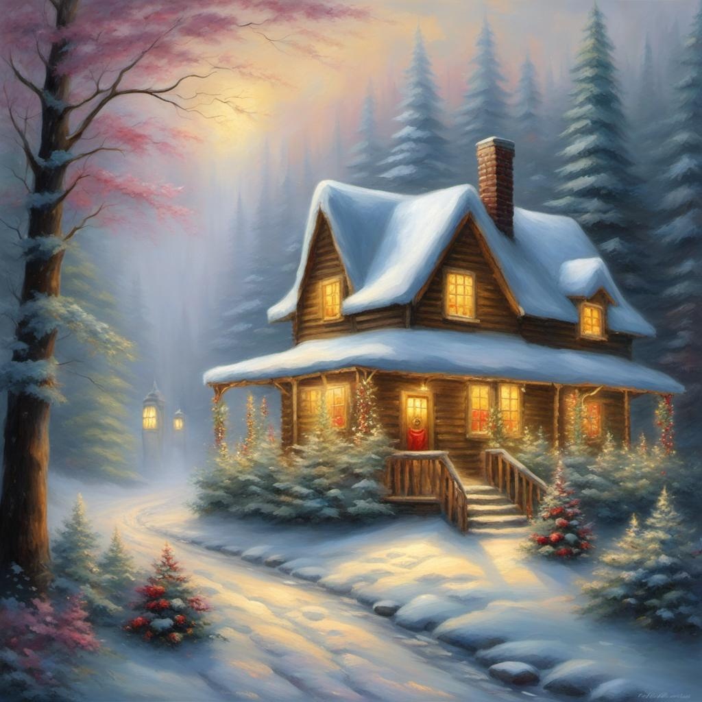 [Oil painting style, impasto, masterpiece] A Christmas cabin with holiday decorations, ethereal fantasy hyperdetailed mist Thomas Kinkade