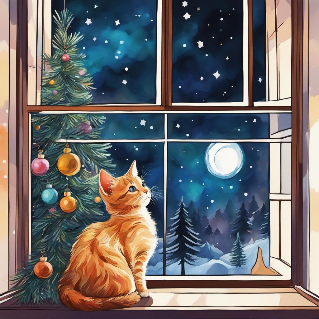 [Watercolor painting style, masterpiece] Kitten Looking at a Christmas tree beside a fireplace in a cozy living room, night sky through the window abstract vector fractal, Zentangle, 3d shading