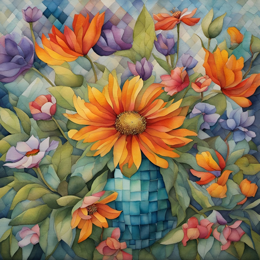 [Watercolor painting style, masterpiece] colorful painting of flowers with colorful flowers, layered fabrications, textured fabrics, aggressive quilting, mary bradish titcomb, collaged elements, mandy disher, multiple points of view