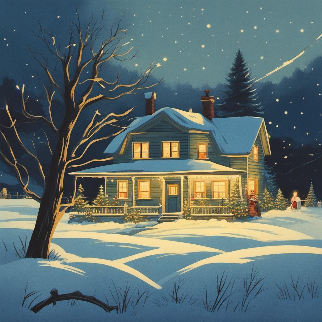 [Style of vintage illustration] Farmhouse, prairie, Christmas tree, charismas lights