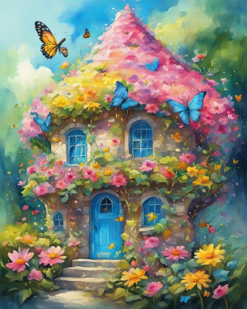 [Watercolor painting style, masterpiece] fairy house covered with Pink, yellow blue  flowers, green vines, butterflies, lights in the windows, Blue sky, sun, clouds, graffiti art, splash art, street art, spray paint, oil gouache melting, acrylic, high contrast, colorful polychromatic, ultra detailed, ultra quality, CGSociety