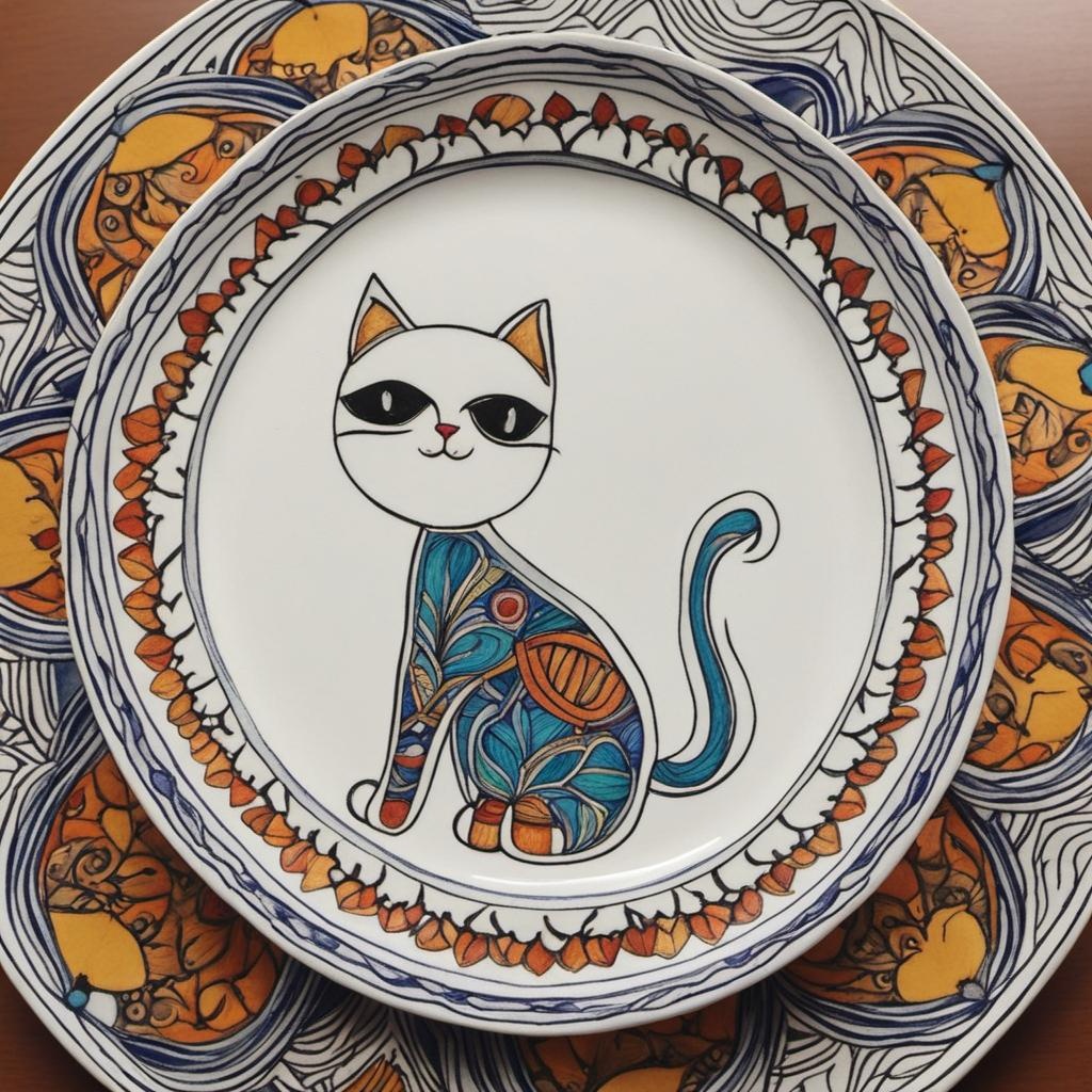 [Painting, Art Nouveau] a round white glazed plate with hand-drawn madhubani art colored patterns of cute cats, porcelain, minimalist