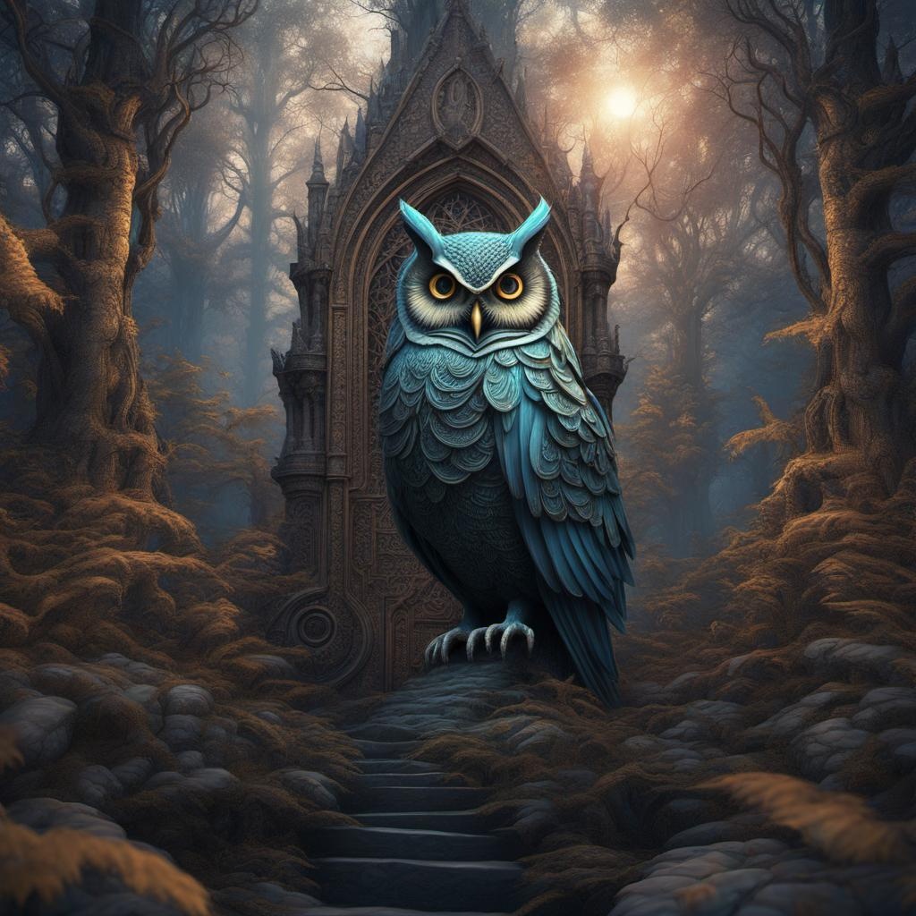 photorealistic gothic forest many owls soft pastel oil backlight detailed matte painting, deep color, fantastical, intricate detail, splash screen, complementary colors, fantasy concept art, 8k resolution trending on Artstation Unreal Engine 5 steampunk engine abstract vector fractal, wave function, Zentangle, 3d shading