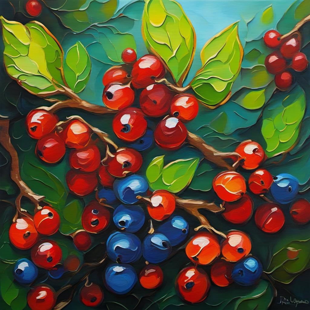 [Oil painting style, impasto, masterpiece] tiny berries tiny botanicals elegant fragile contours vivid vibrant stylized unique light fog oil acrylic