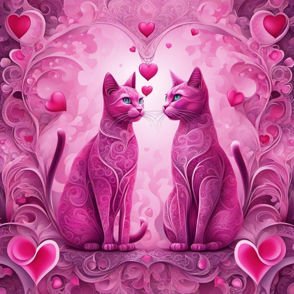 [Style of paper filigree painting] Pink Hearts and pink cats, Imagination, sparkle, abstract vector fractal, Zentangle, 3d shading; [Painting, Art Nouveau] Pink Hearts and pink cats, Imagination, sparkle, abstract vector fractal, Zentangle, 3d shading