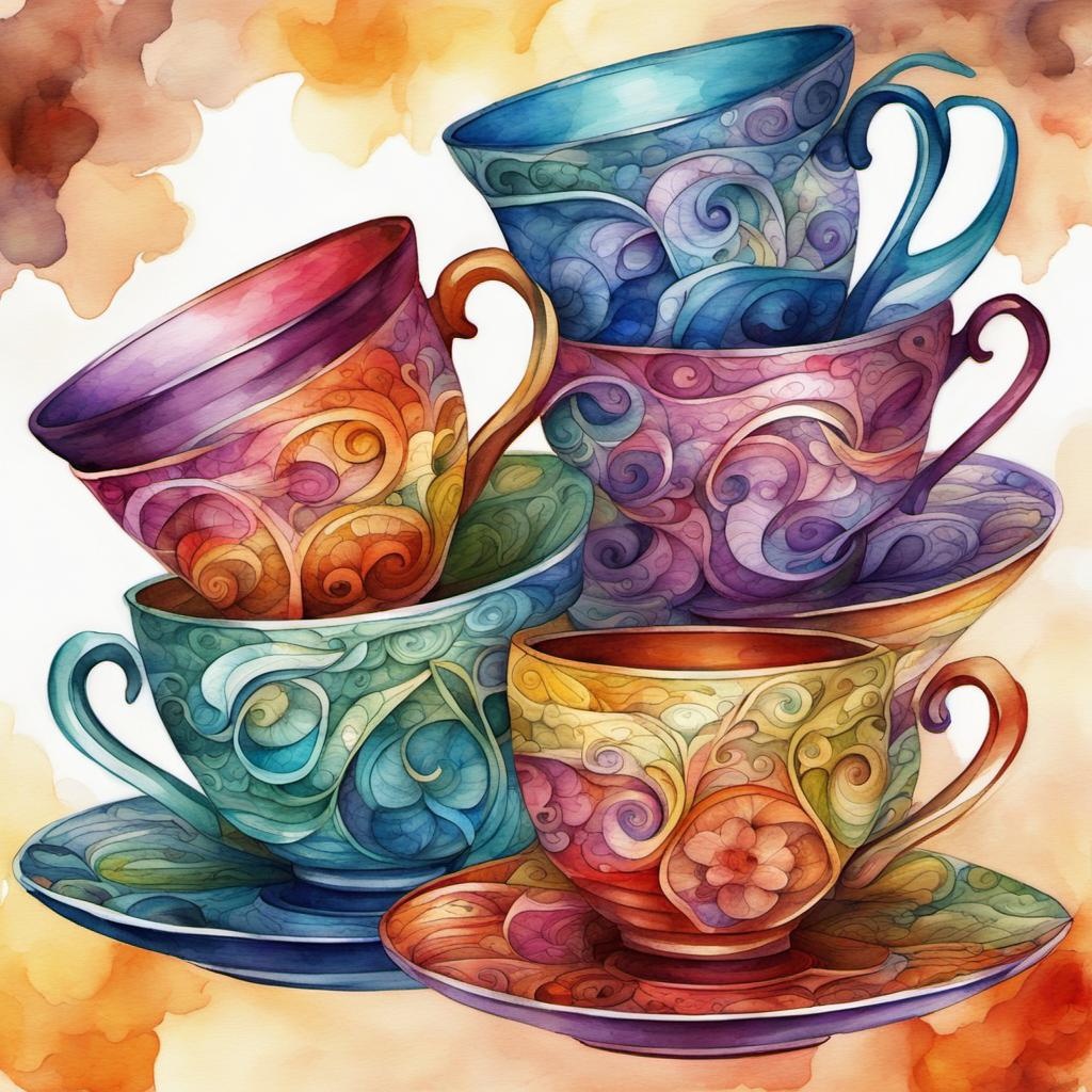 [Watercolor painting style, masterpiece] whimsical stack of colorful teacups,  abstract vector fractal, Zentangle, 3d shading