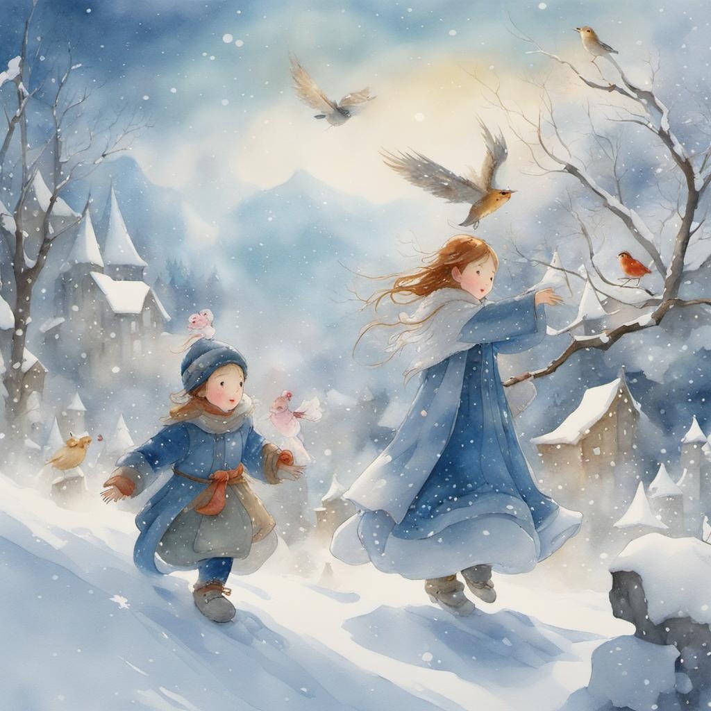 [Watercolor painting style, masterpiece] close-up view, fairy tale characters playing in the snow, Pernille Ørum,  Zheng Wei Gu style