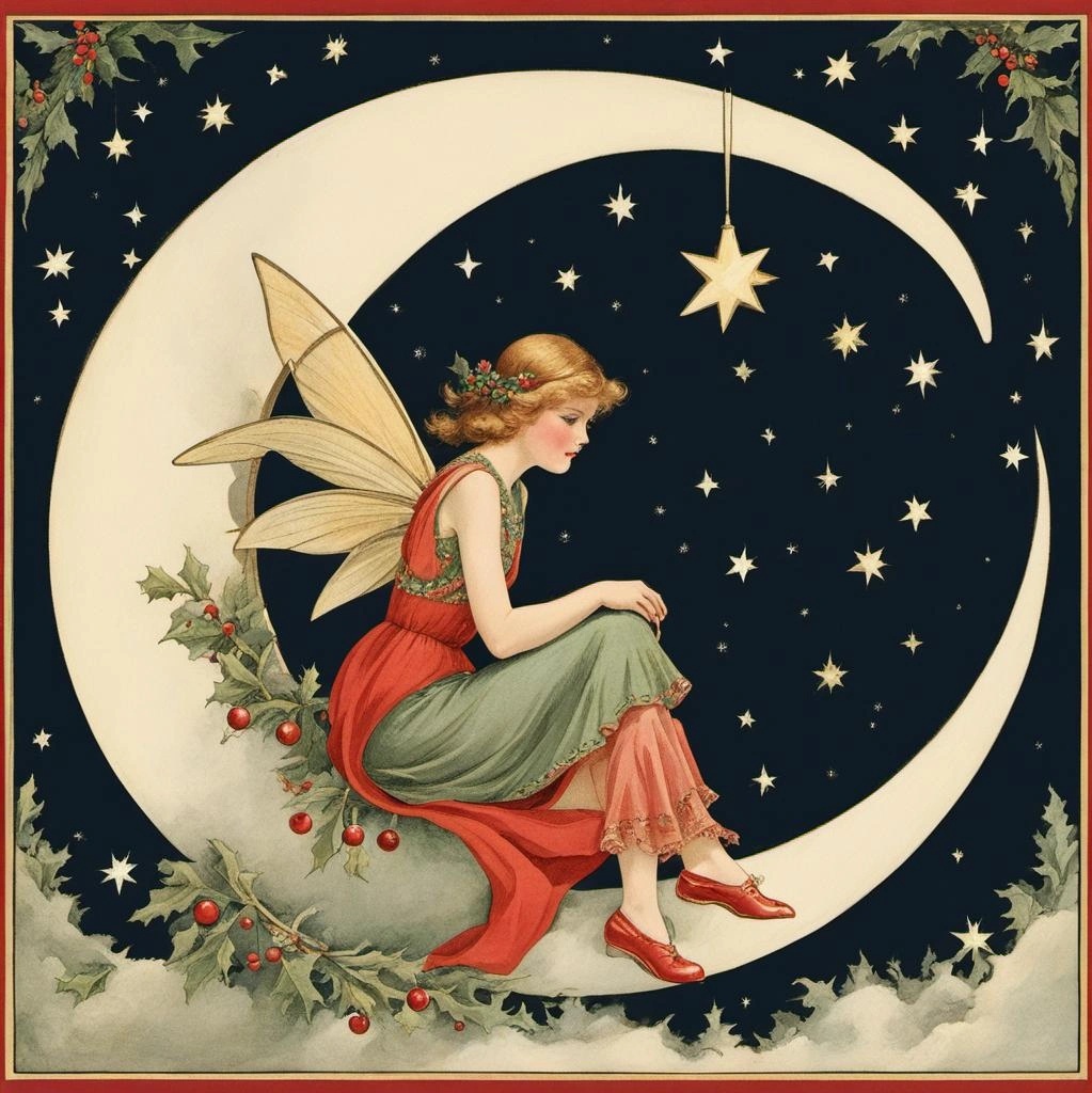 [Watercolor painting style, masterpiece] Vintage Christmas fairy sitting on a crescent moon; [Oil painting style, impasto, masterpiece] Vintage Christmas fairy sitting on a crescent moon; [Style of vintage illustration] Vintage Christmas fairy sitting on a crescent moon