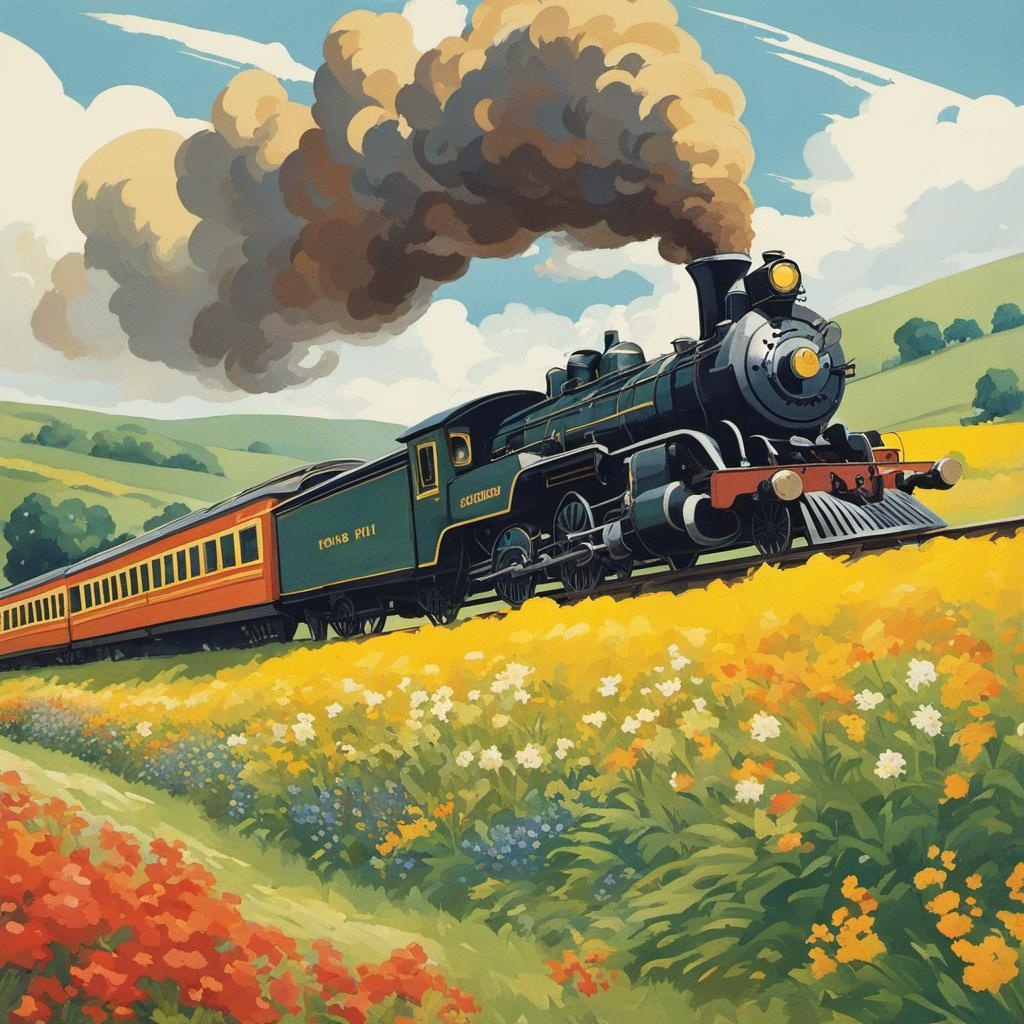 [Watercolor painting style, masterpiece] An antique train chugging through the countryside, passengers lean out, wind in their hair, as they pass fields of wildflowers.; [Painting, Art Nouveau] An antique train chugging through the countryside, passengers lean out, wind in their hair, as they pass fields of wildflowers.; [Style of vintage illustration] An antique train chugging through the countryside, passengers lean out, wind in their hair, as they pass fields of wildflowers.